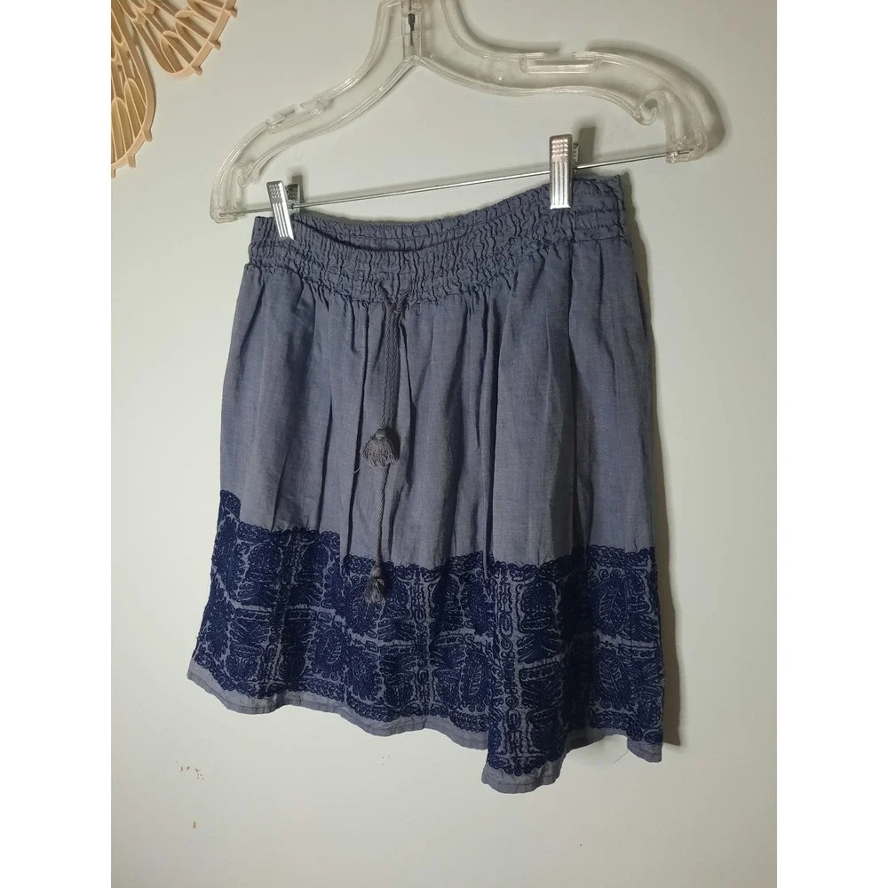 J.Crew Blue Chambray Embroidered Mini Skirt Smocked Waist Tassel Cotton Small
